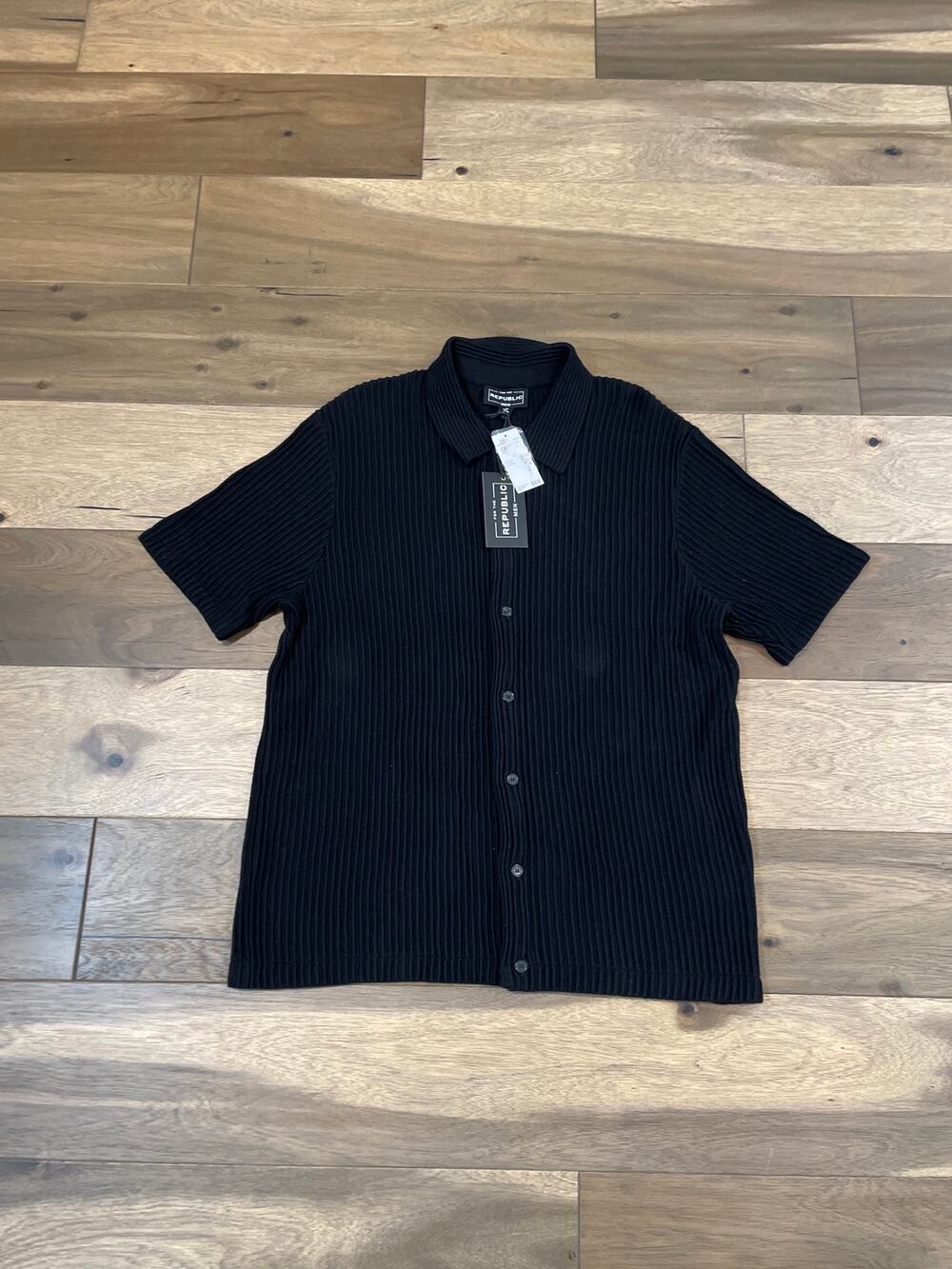 For The Republic Knit Button Up Top Size M Black Short Sleeve Collar NWT